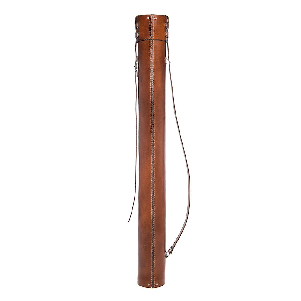 Dark brown hand-stitched leather document case, a cylindrical tube bag, with carrying strap on a white background