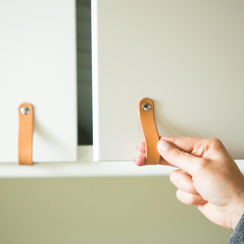 Walnut Studiolo AS-IS AS-IS SALE Leather Cabinet Handle - The Lovejoy Honey / Slight Curve in Leather / Nickel Brass or Black (Specify)