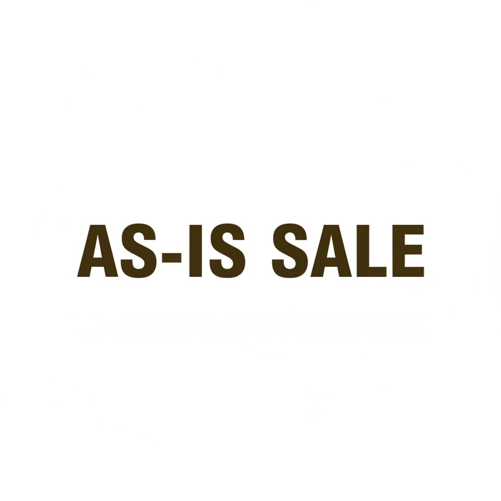text graphic of brown letters on white background: AS-IS SALE