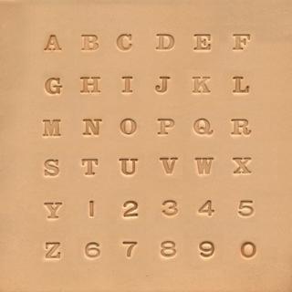 Letters of the alphabet and numbers stamped or embossed into a piece of leather for monograms