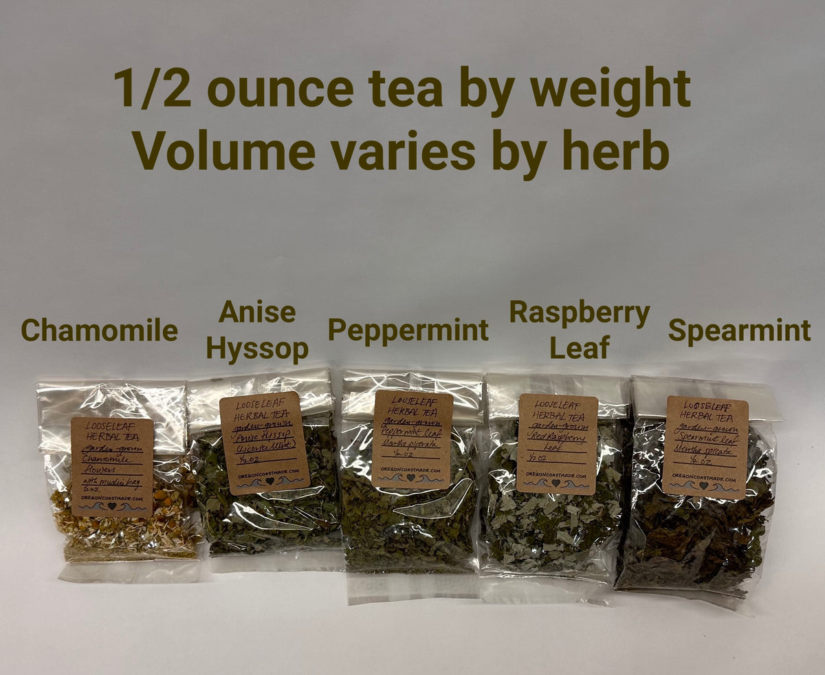 Five packages of different herbs with labels on a white background, '1/2 ounce tea by weight, volume varies by herb' - each package holds a different volume of dried herbs even though they are the same weight