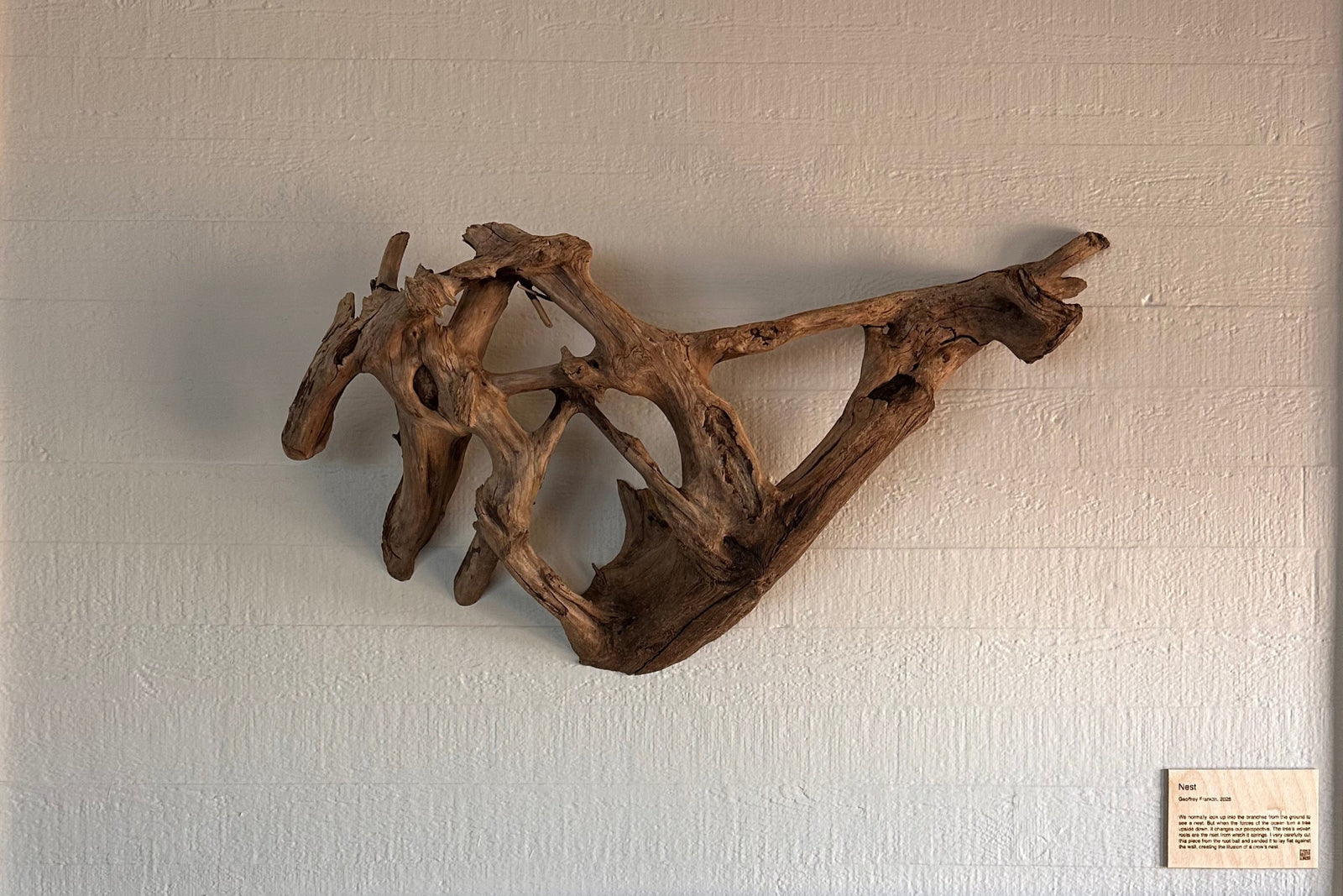 Driftwood sculpture on a textured wall above a fireplace