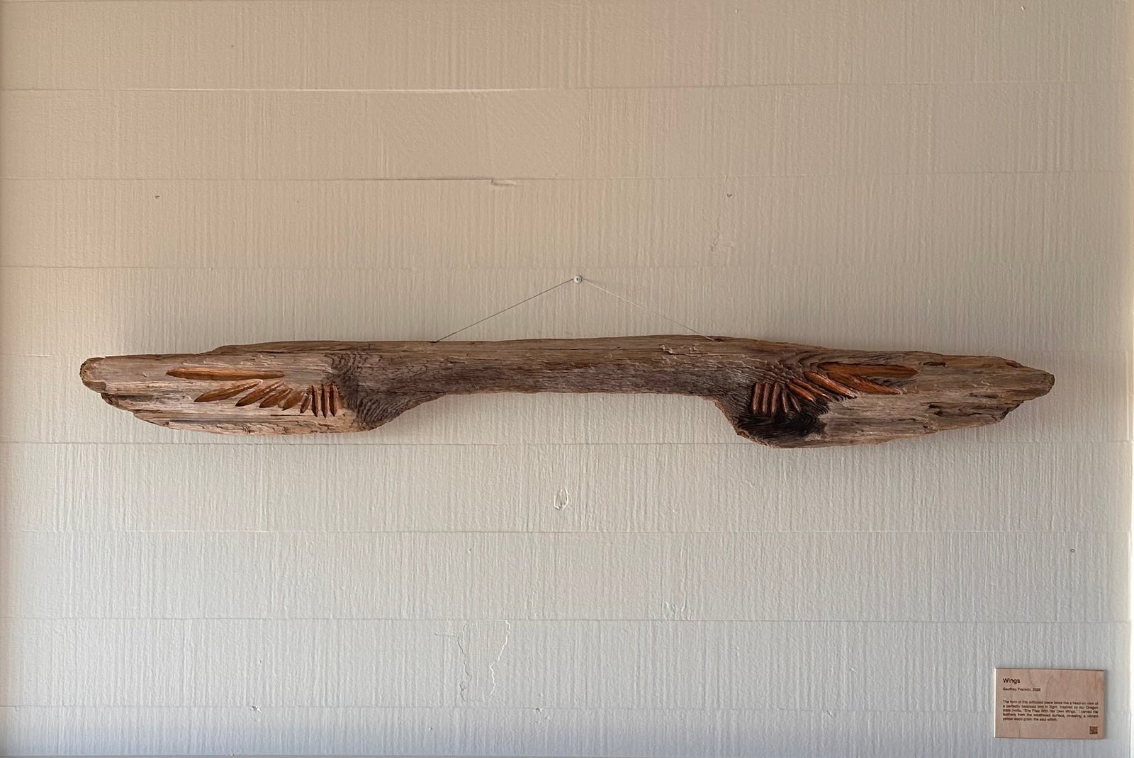 Driftwood artwork mounted on a white wall above a fireplace in a hotel room
