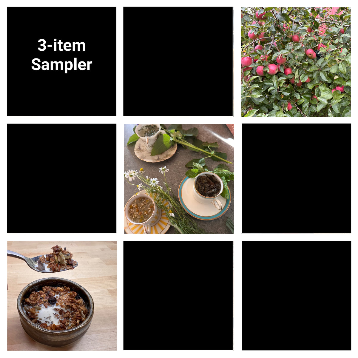 The 9-item collage with all but 3 frames blacked out and the title, '3-Item Sampler' showing fruit, tea, and granola