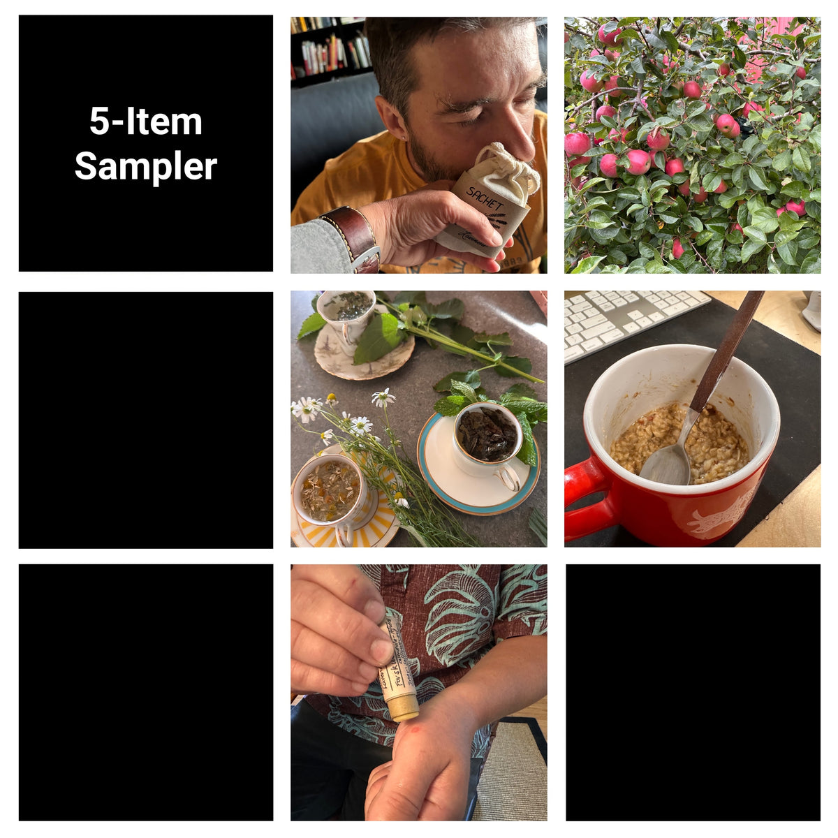 The 9-item collage with all but 5 frames blacked out and the title, '5-Item Sampler' showing fruit, tea, oatmeal, sachet, and balm