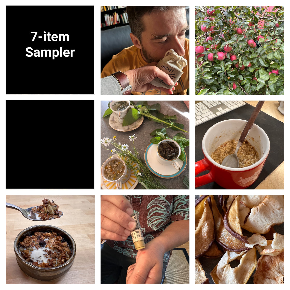 The 9-item collage with all but 7 frames blacked out and the title, '7-Item Sampler' showing two kinds of fruit, tea, oatmeal, granola, sachet, and balm