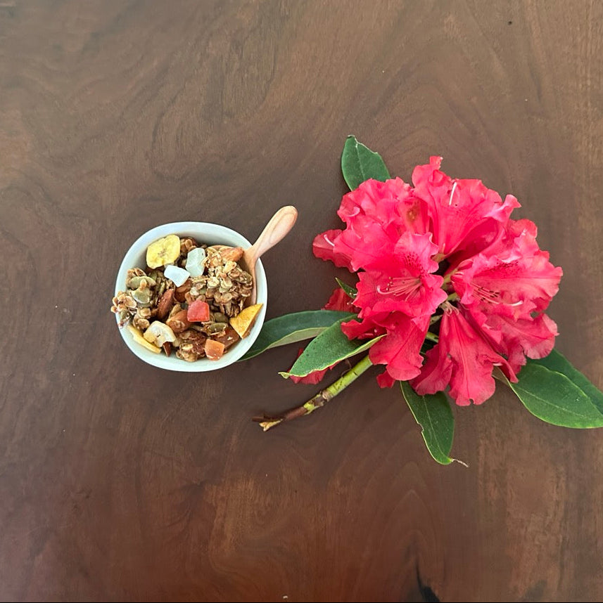 Small bowl of granola with bright tropical fruits next to a magenta rhododendron flower on a walnut wood table