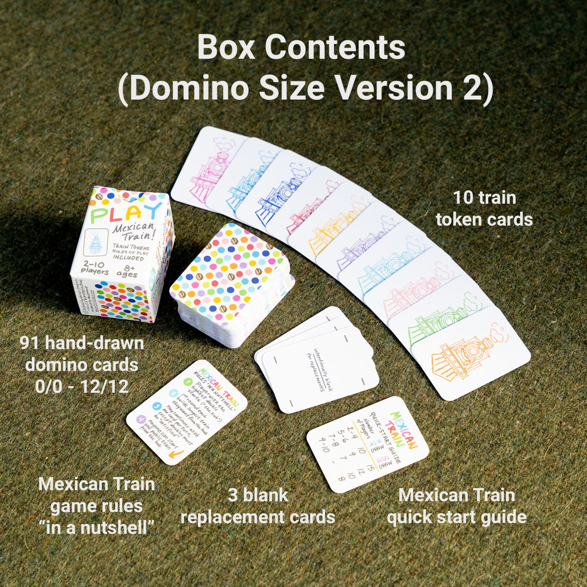The box contents of small micro domino sized playing card deck laid out neatly on a table in piles with each labeled: 10 train token cards, 3 blank replacements, 91 hand drawn domino cards (0/0-12/12), Mexican Train game rules "in a nut shell" and Mexican Train game quick start guide. 