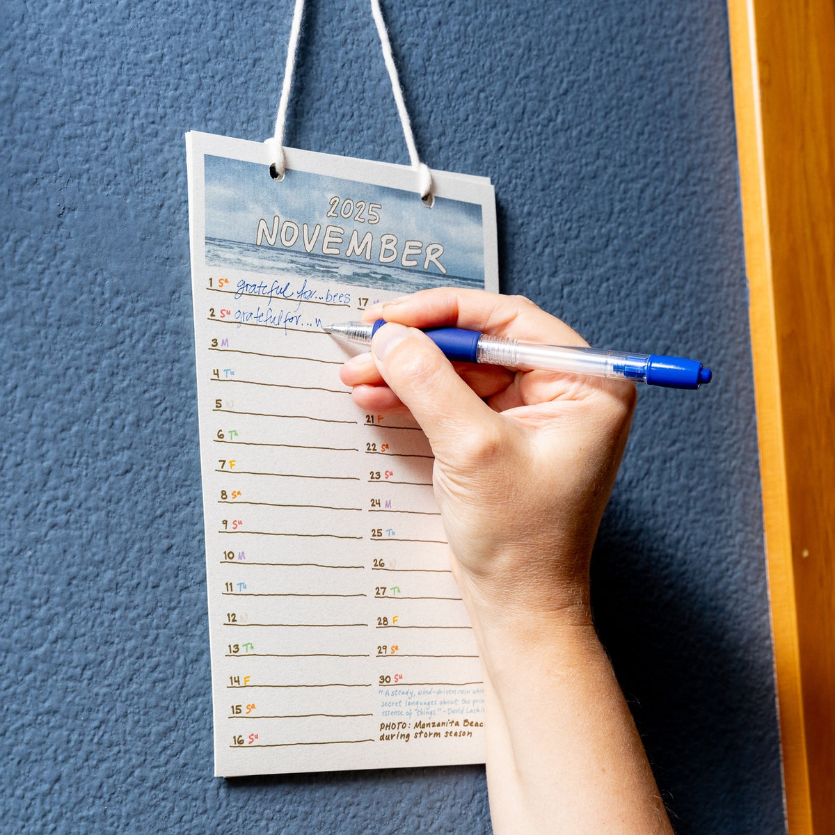 A woman writing what she's grateful for on a diary wall calendar with a gratitude meditation practice line for each day