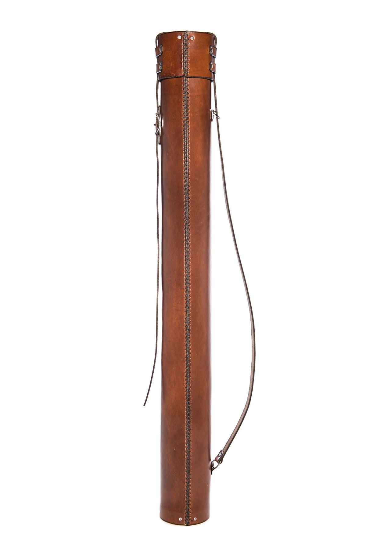 Dark brown leather document tube similar to a fly fishing rod case on a white background