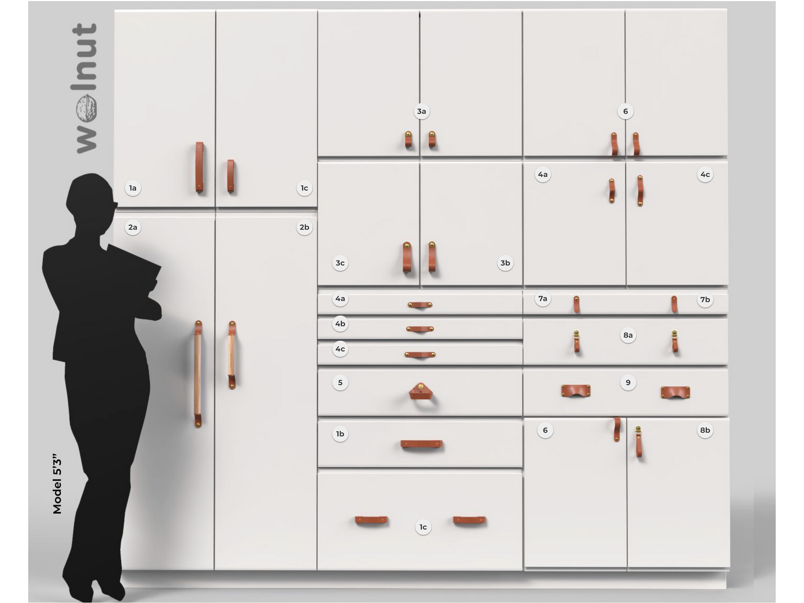 Architectural rendering of a shadow person for scale, marked Model is 5'3" next to a white wall of doors and drawers that have all of Wlanut Studiolo's leather handles on them. All are in honey leather / brass hardware. They are in comparison so you can see their relative size / scale. 