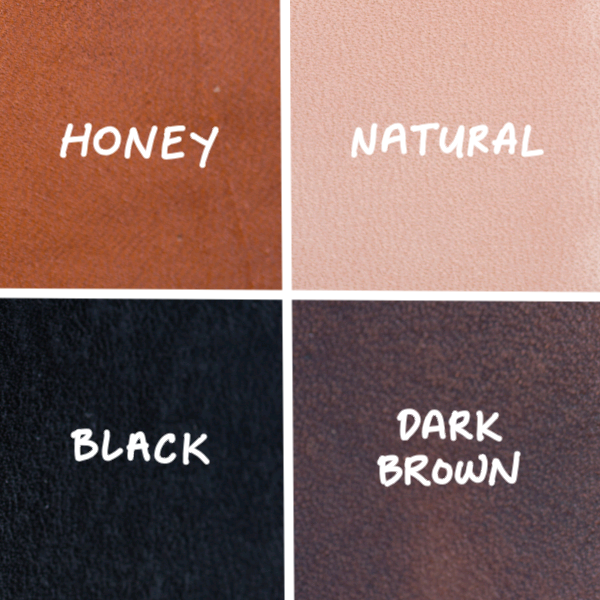 Close-up of all four leather colors with a handwritten label on top of each: Honey, Natural, Black, Dark Brown