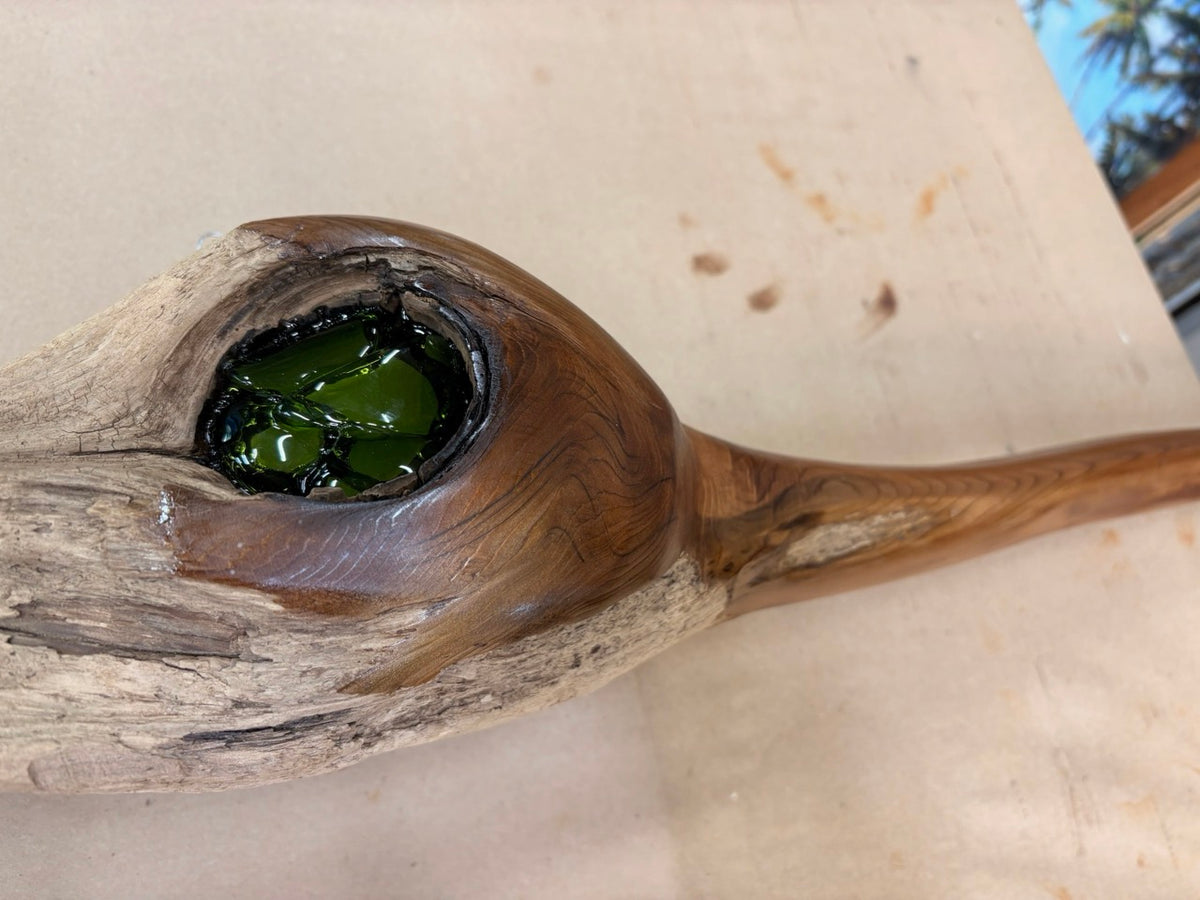 Driftwood with a natural cavity that looks like a bird's eye with beak, and the eye cavity filled with green sea glass