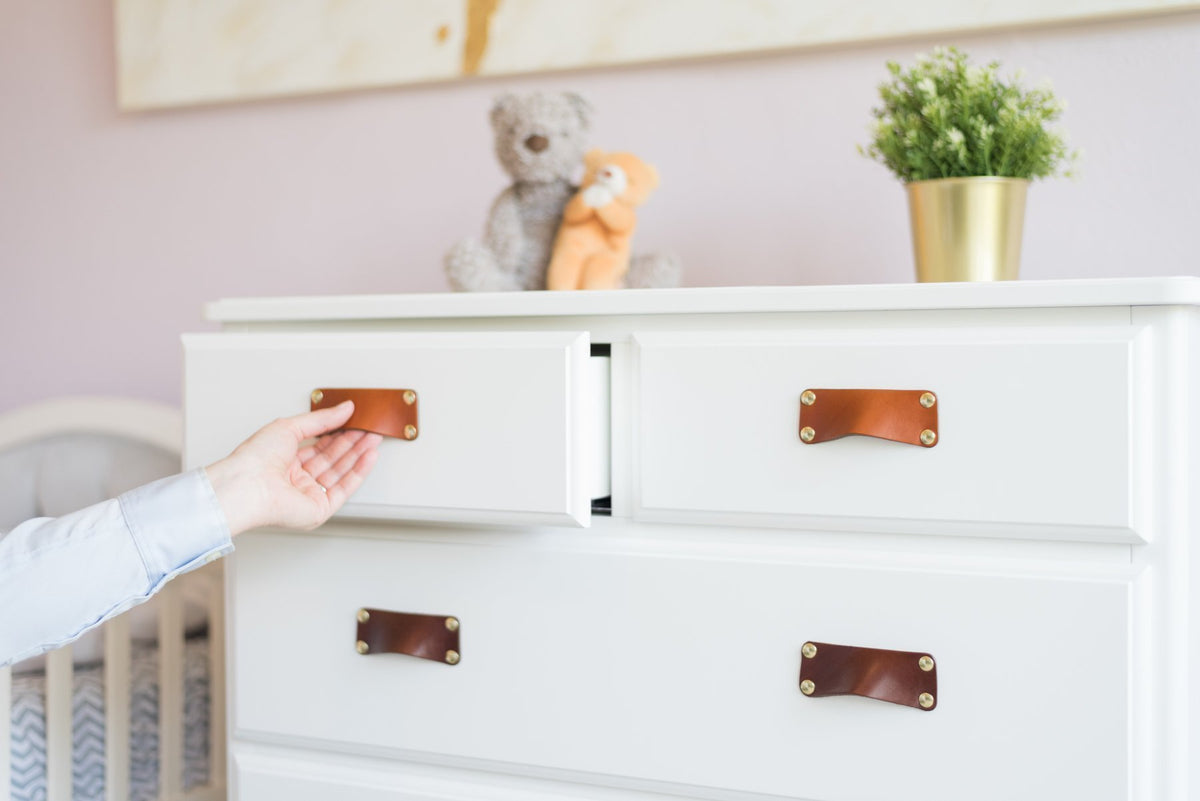 Walnut Studiolo AS-IS AS-IS SALE Leather Bin Pull - The Morrison Natural / Previously Installed / Nickel or Brass (Specify)
