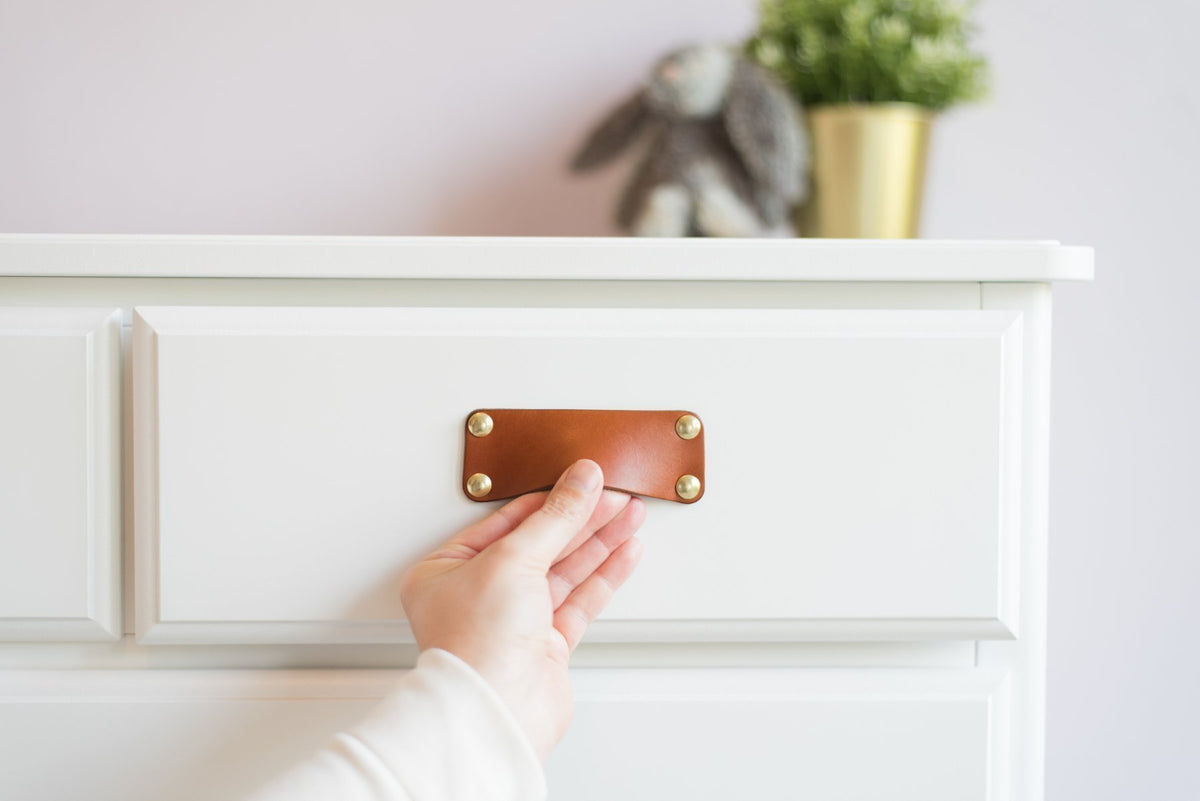 Walnut Studiolo AS-IS AS-IS SALE Leather Bin Pull - The Morrison Natural / Previously Installed / Nickel or Brass (Specify)