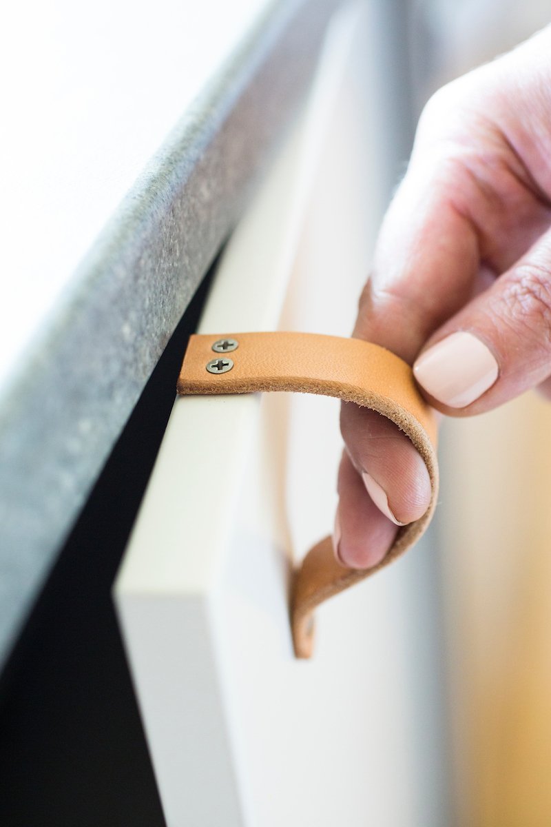 Walnut Studiolo AS-IS AS-IS SALE Leather Cabinet Handle - The Lovejoy Honey / Slight Curve in Leather / Nickel Brass or Black (Specify)