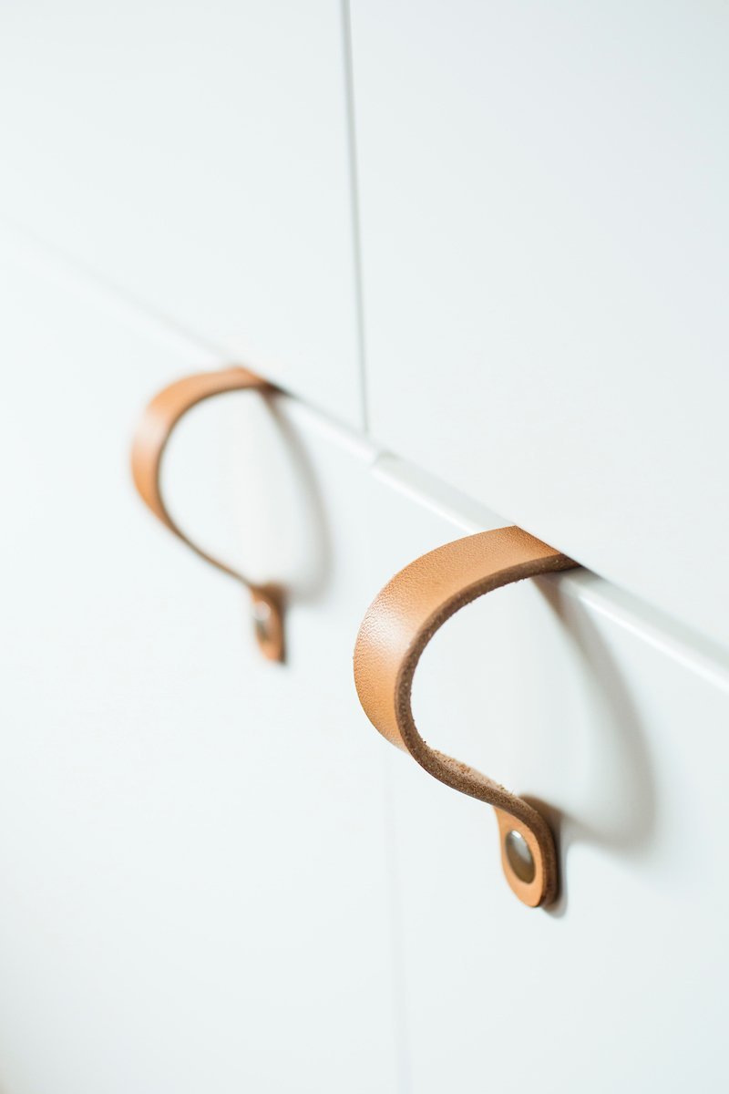 Walnut Studiolo AS-IS AS-IS SALE Leather Cabinet Handle - The Lovejoy Honey / Slight Curve in Leather / Nickel Brass or Black (Specify)
