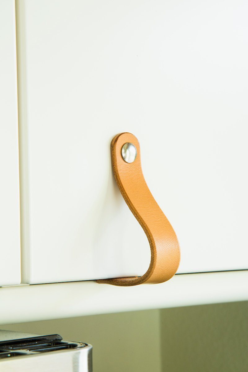 Walnut Studiolo AS-IS AS-IS SALE Leather Cabinet Handle - The Lovejoy Honey / Slight Curve in Leather / Nickel Brass or Black (Specify)