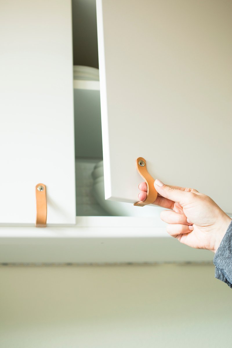 Walnut Studiolo AS-IS AS-IS SALE Leather Cabinet Handle - The Lovejoy Honey / Slight Curve in Leather / Nickel Brass or Black (Specify)