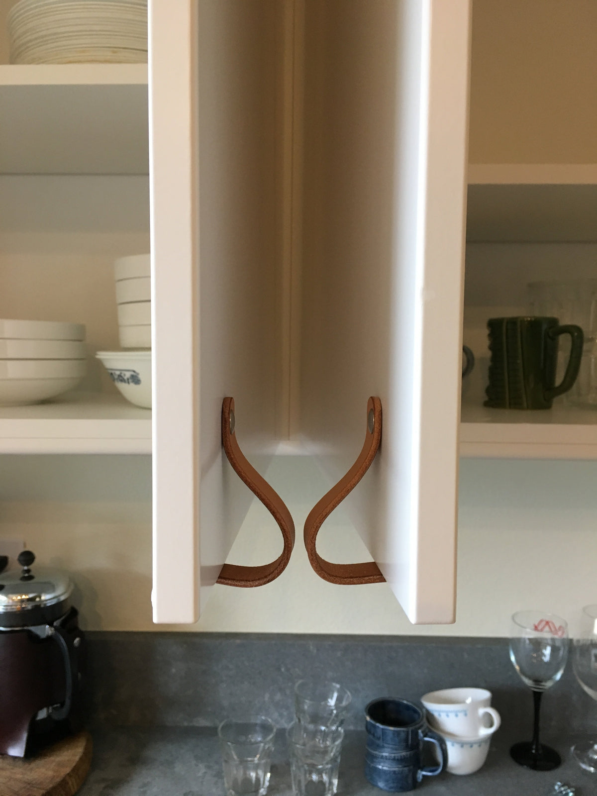 Walnut Studiolo AS-IS AS-IS SALE Leather Cabinet Handle - The Lovejoy Honey / Slight Curve in Leather / Nickel Brass or Black (Specify)