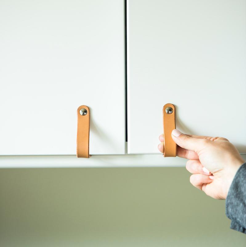 Walnut Studiolo AS-IS AS-IS SALE Leather Cabinet Handle - The Lovejoy Honey / Slight Curve in Leather / Nickel Brass or Black (Specify)