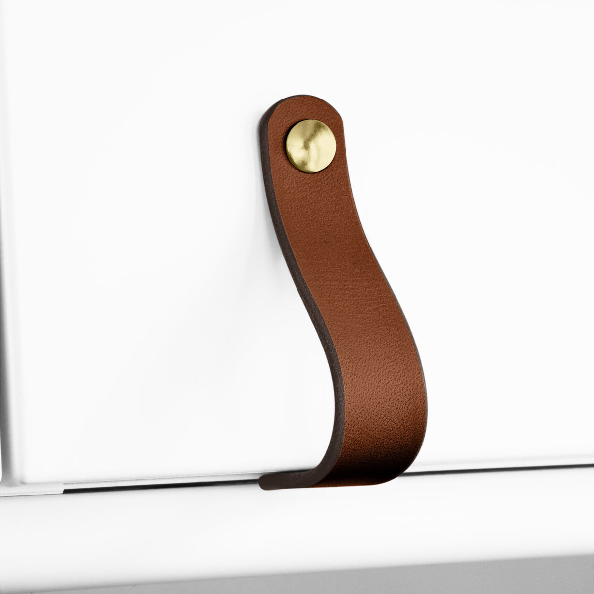 Walnut Studiolo AS-IS AS-IS SALE Leather Cabinet Handle - The Lovejoy Honey / Slight Curve in Leather / Nickel Brass or Black (Specify)