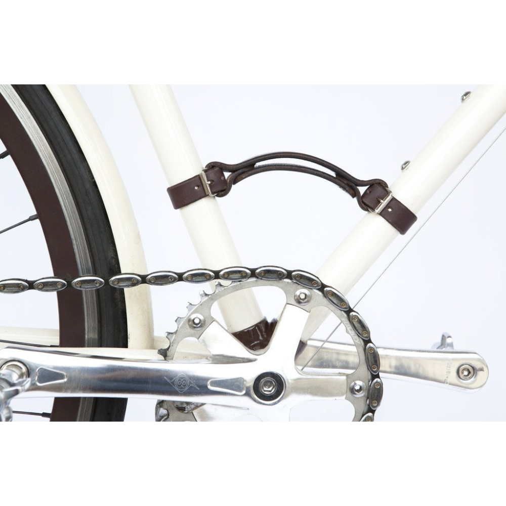 Close-up of dark brown leather "Little Lifter" bike handle