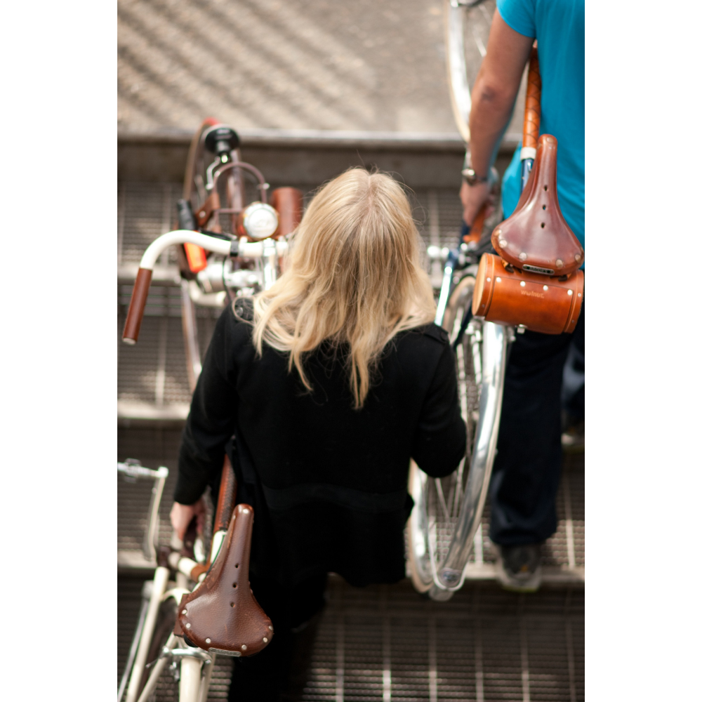 Birdseye view of two people walking up a set of stairs while carrying bikes with the "little lifter" handle