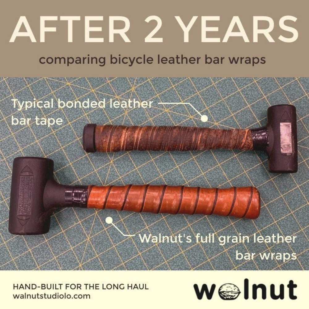 Infographic comparing two mallets. Each mallet's handle is wrapped in bicycle leather bar tape. and both have been in regular use for two years. The top mallet uses typical bonded leather and the bottom uses Walnut Studiolo's veg-tan leather and it looks much nicer and more beautiful after use. 