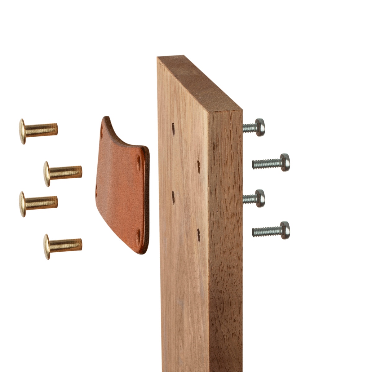 An "exploded" still image showing how the hardware is assembled for the bin pull using  surfaceless head Chicago screws in front of the drawer face and threaded back screws on the backside of the cabinet surface