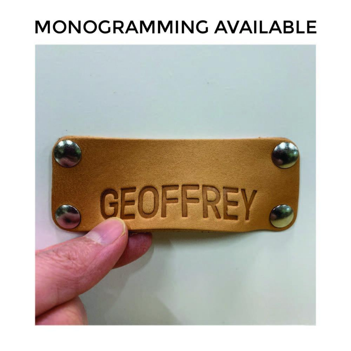 Title says Monogramming Available and shows a natural leather bin pull embossed with a person's name on it