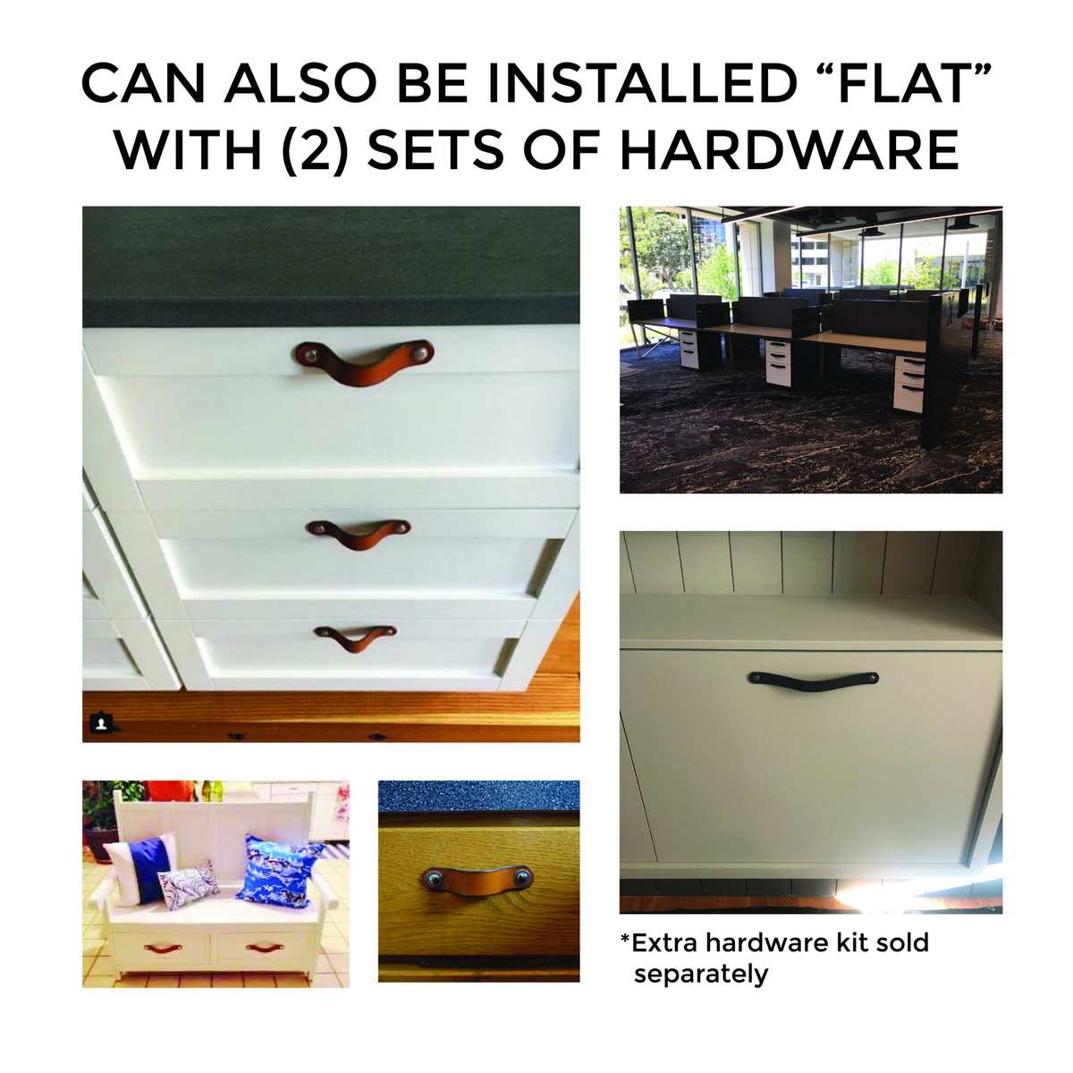 Title: "Can Also Be Installed "Flat" with 2 Sets of Hardware". Shows the leather strap being installed as a handle instead of a loop with an extra hardware kit, which is sold separately. 