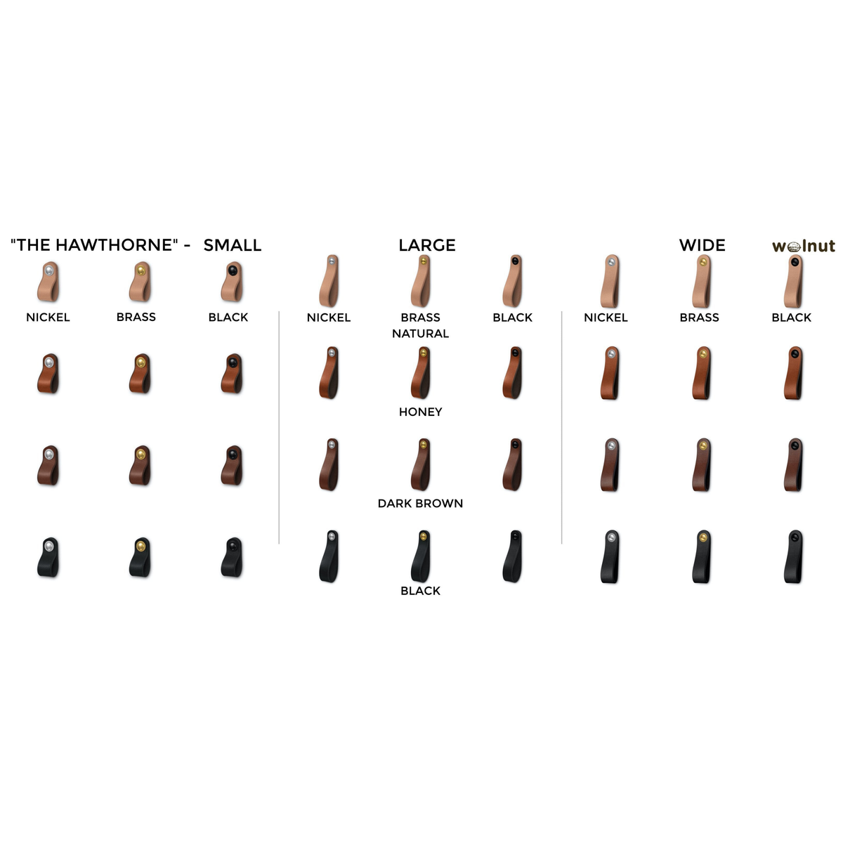 Photo collage showing all product variants of the Hawthorne leather loop pull: 3 sizes, four leather colors, and 3 metal finishes