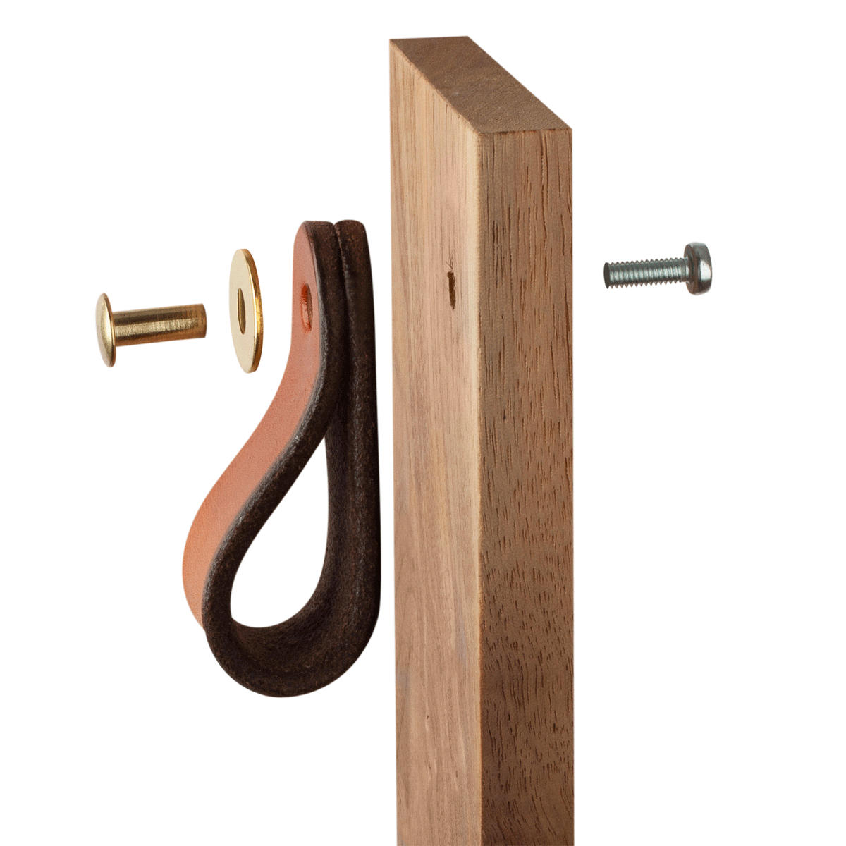 White background photo showing how the hardware is installed on a cabinet. The leather is folded in half to make a loop, and the surface Chicago screw comes in the front size of the cabinet through a hole.