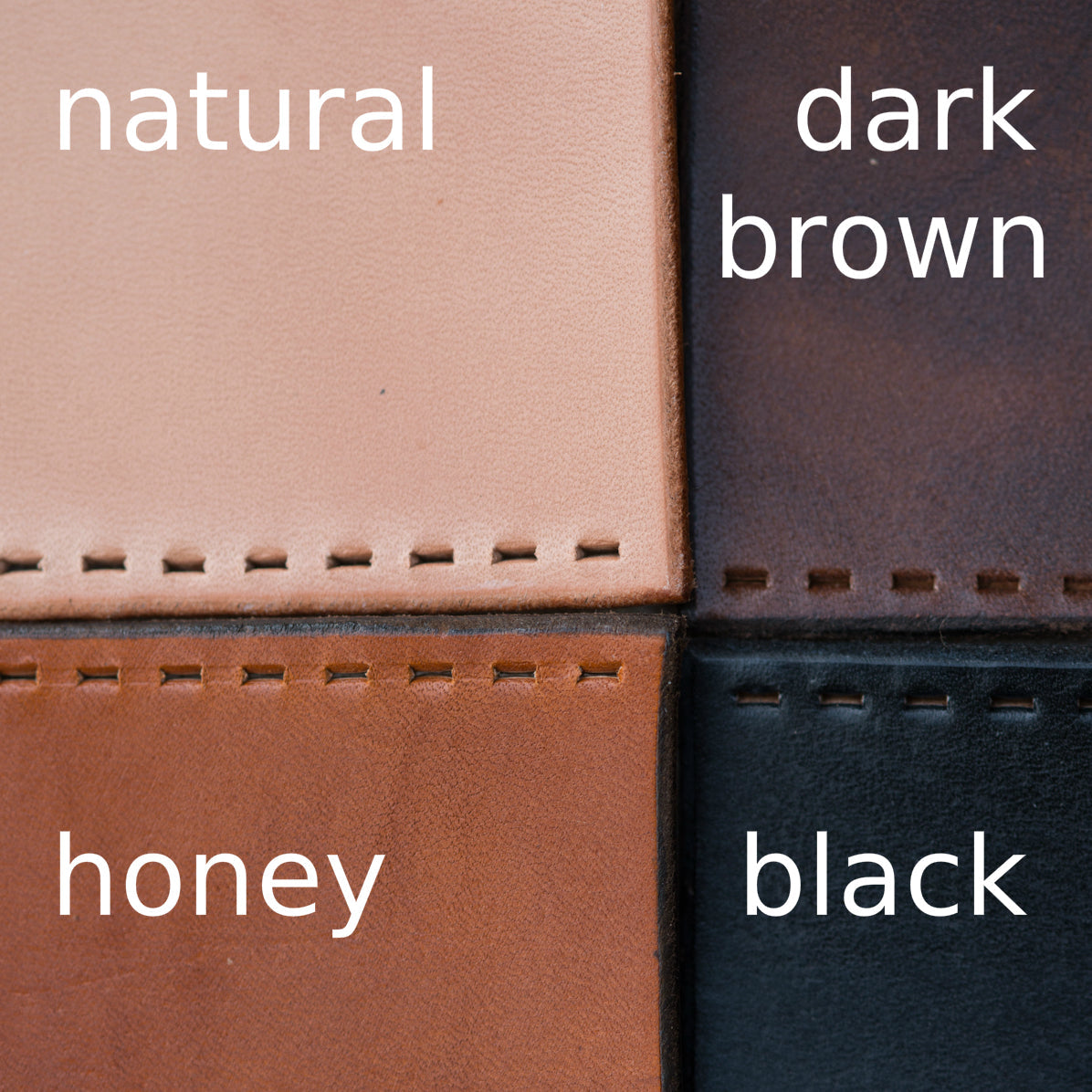 Close-up of a labeled leather color swatch, showing all four leather colors next to each other: Natural, Honey, Dark Brown, and Black. 
