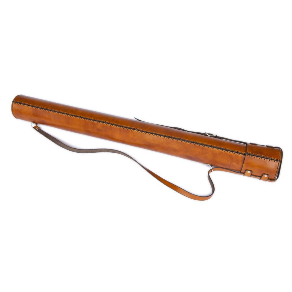 Full view of honey leather variant map tube showing stitched steam line