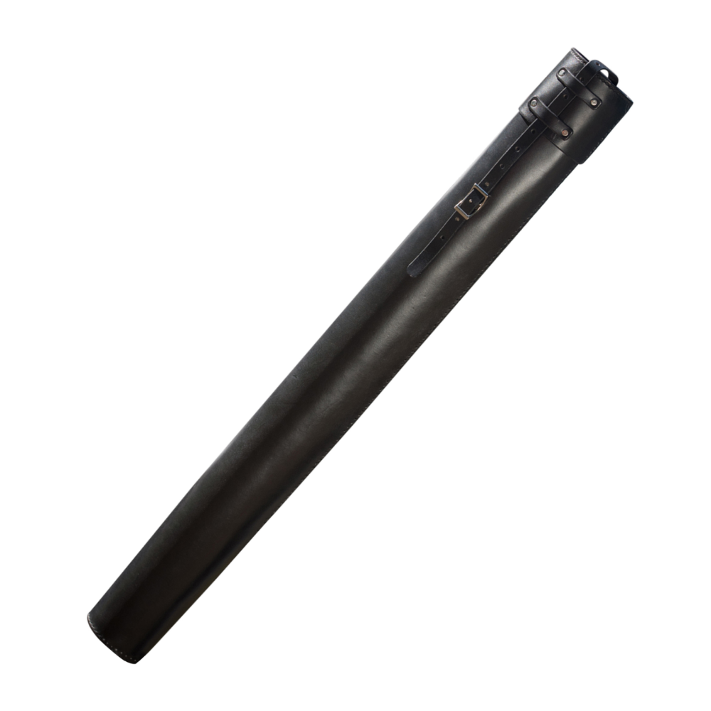 Front view of black leather poster tube