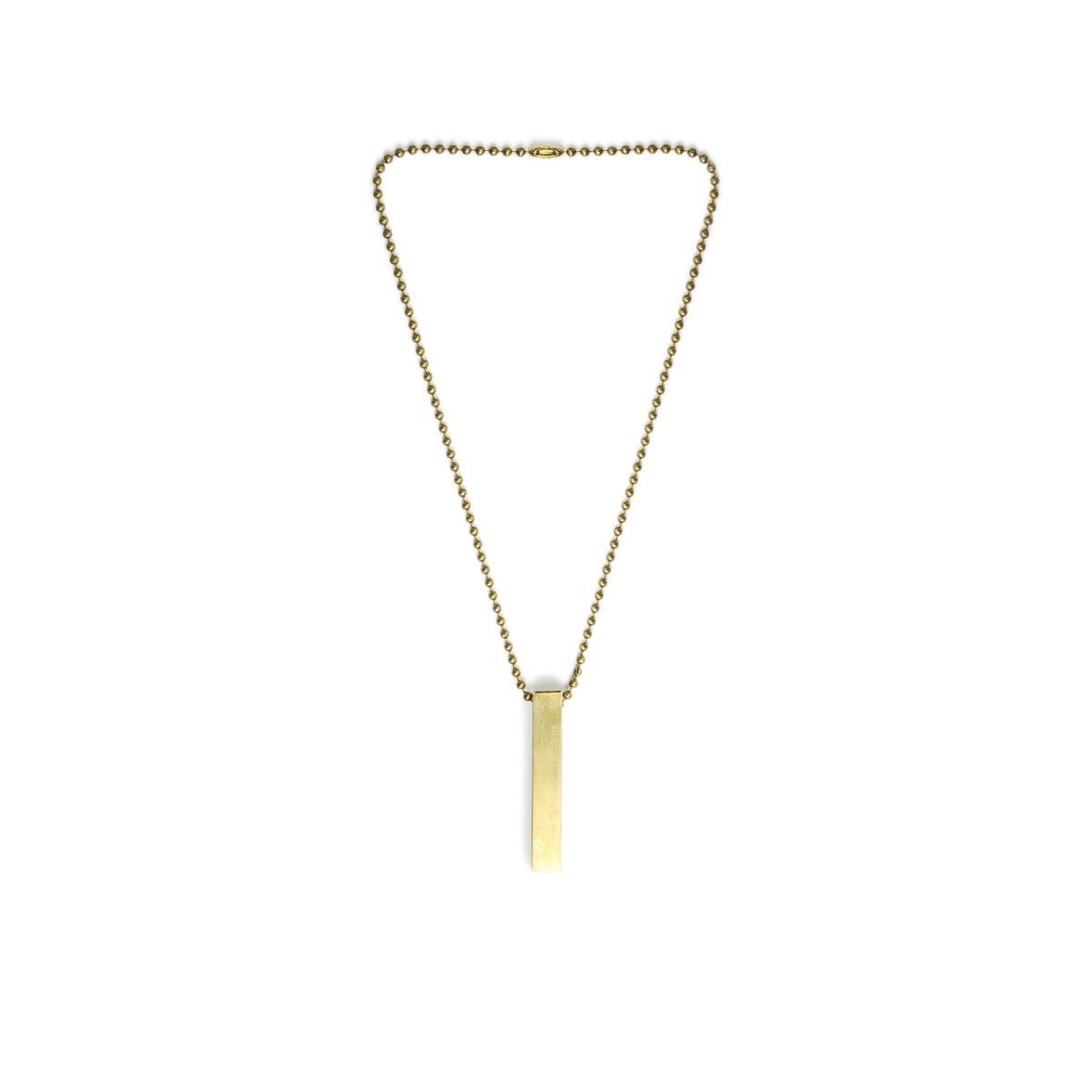 White background photo showing the brass travel dice storage tube on a full length necklace of brass beaded chain for scale. 